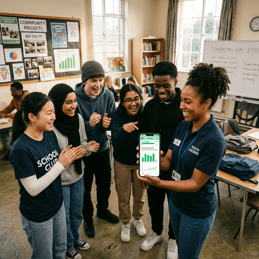 Group leader showing fundraising progress to enthusiastic young members