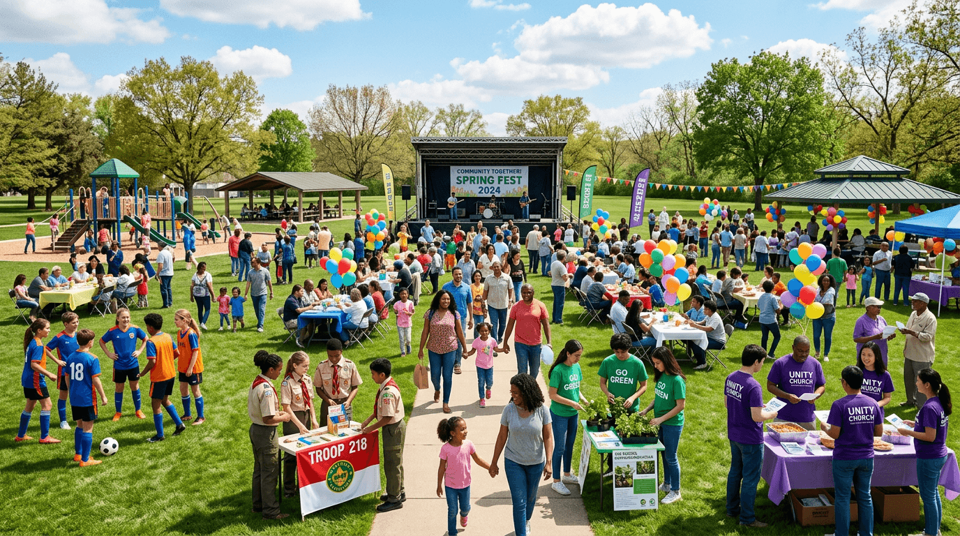 Diverse community groups and families gathered at a local park event