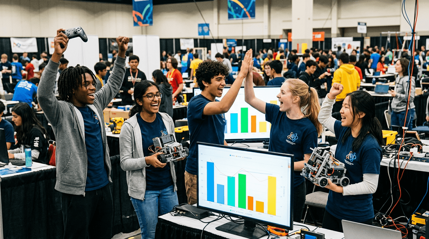 Students from different clubs excitedly checking a fundraising leaderboard