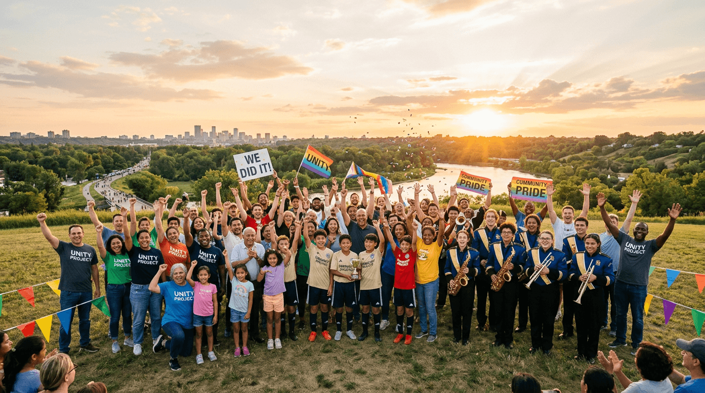 Diverse community members celebrating together at an outdoor event