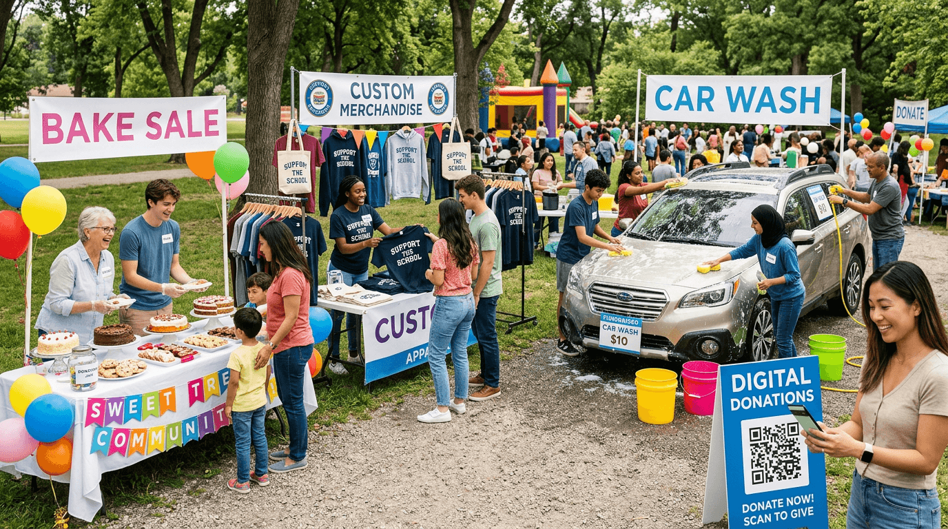 Various community fundraising activities including sales, events, and donations