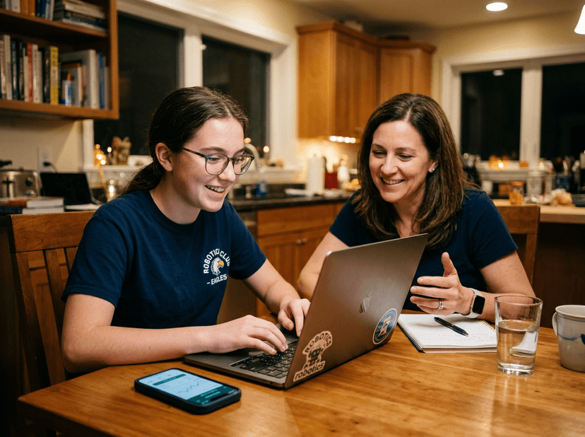 Parent and student setting up a fundraiser together on a laptop