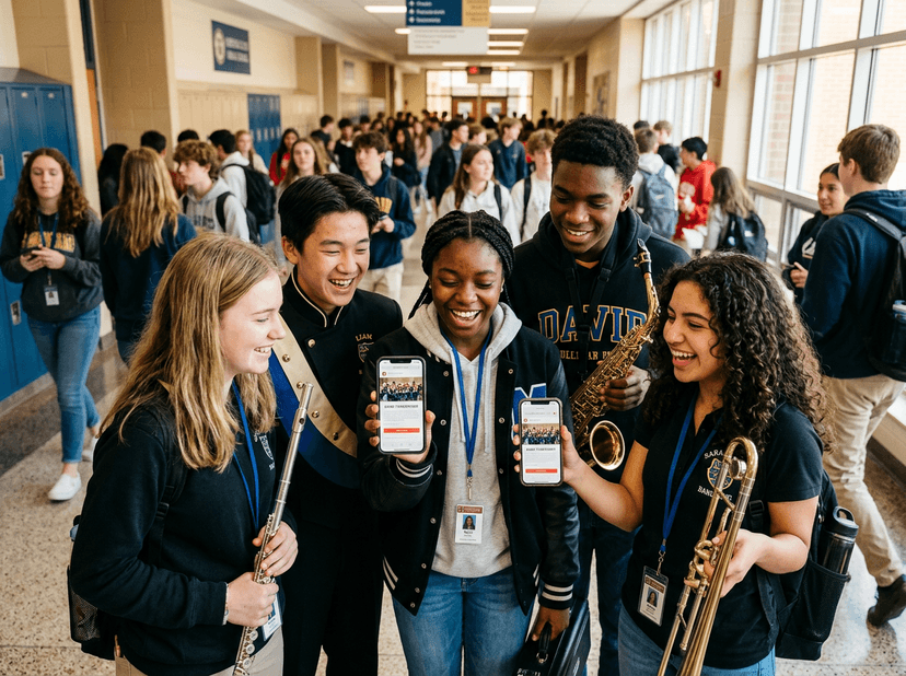 Students excitedly sharing their fundraiser page on phones with friends