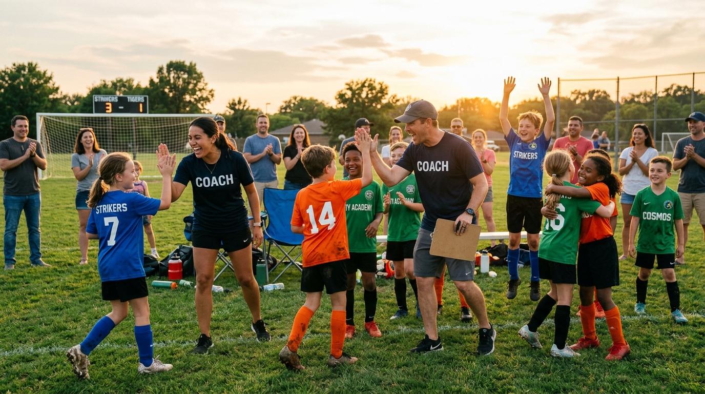 Youth sports team celebrating on the field