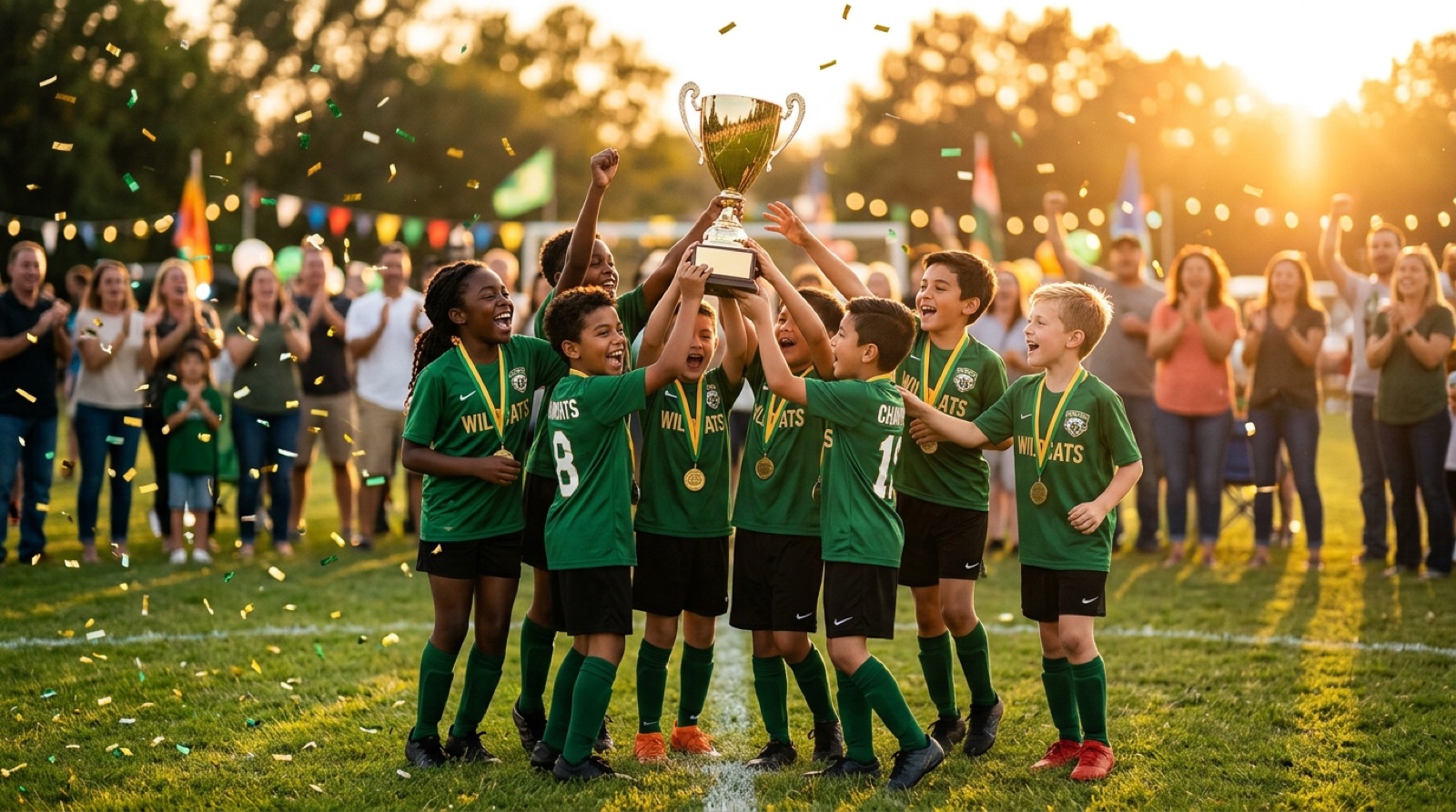 A youth team celebrating with a championship trophy